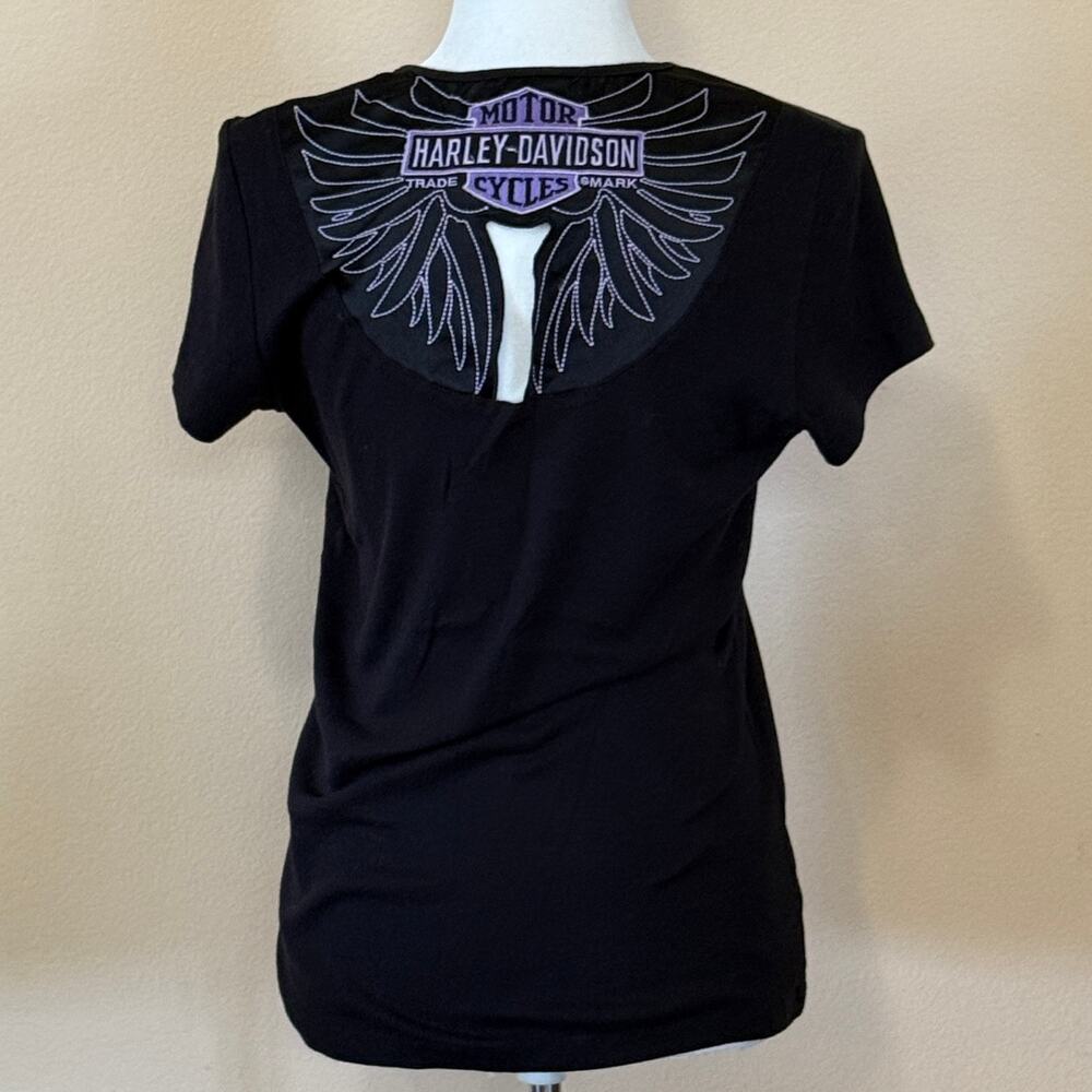 Harley-Davidson Orlando Florida Women’s L Black V-Neck Embroidered Wing Tee